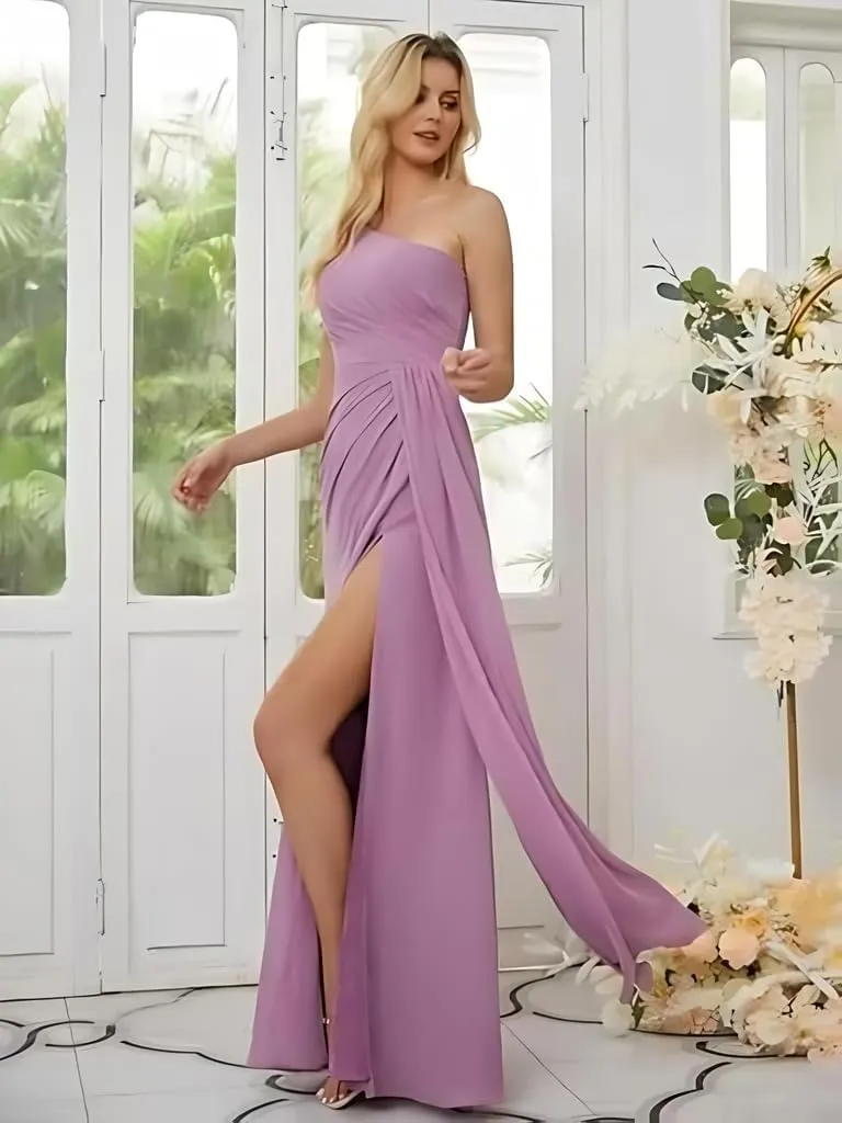 One Shoulder Chiffon Bridesmaid Dresses for Wedding Pleated High Slit Long Formal Evening Gowns