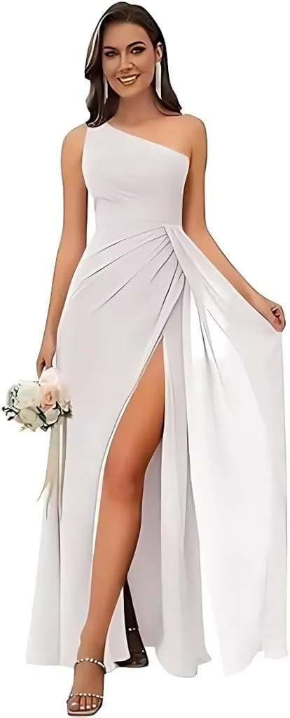 One Shoulder Chiffon Bridesmaid Dresses for Wedding Pleated High Slit Long Formal Evening Gowns