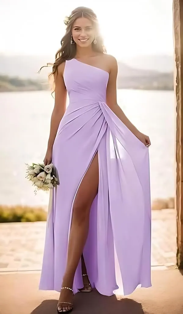One Shoulder Chiffon Bridesmaid Dresses for Wedding Pleated High Slit Long Formal Evening Gowns