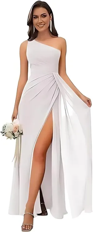 One Shoulder Chiffon Bridesmaid Dresses for Wedding Pleated High Slit Long Formal Evening Gowns