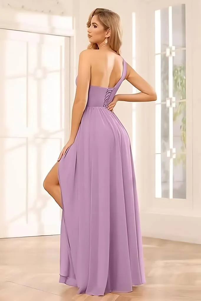 One Shoulder Chiffon Bridesmaid Dresses for Wedding Pleated High Slit Long Formal Evening Gowns