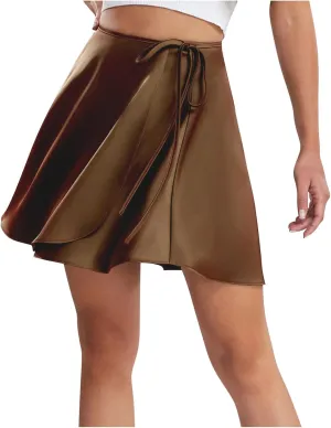 Oplxuo Women's Mini Skirts Lace Up High Waisted Wrap Short Skirt A-Line Swing Skirt for Teen Girls Party Clubwear