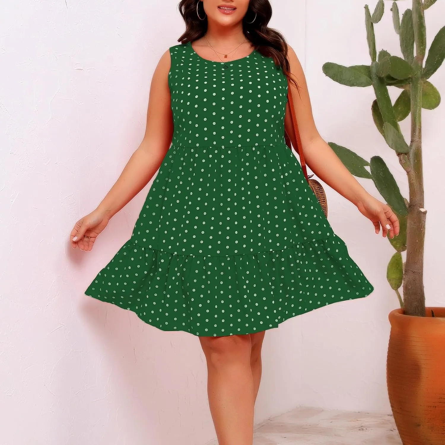 Plus Size Tank Dresses for Women Plus Size Sleeveless Ruffle Hem Flowy Midi Dress Summer Crewneck Casual Dress