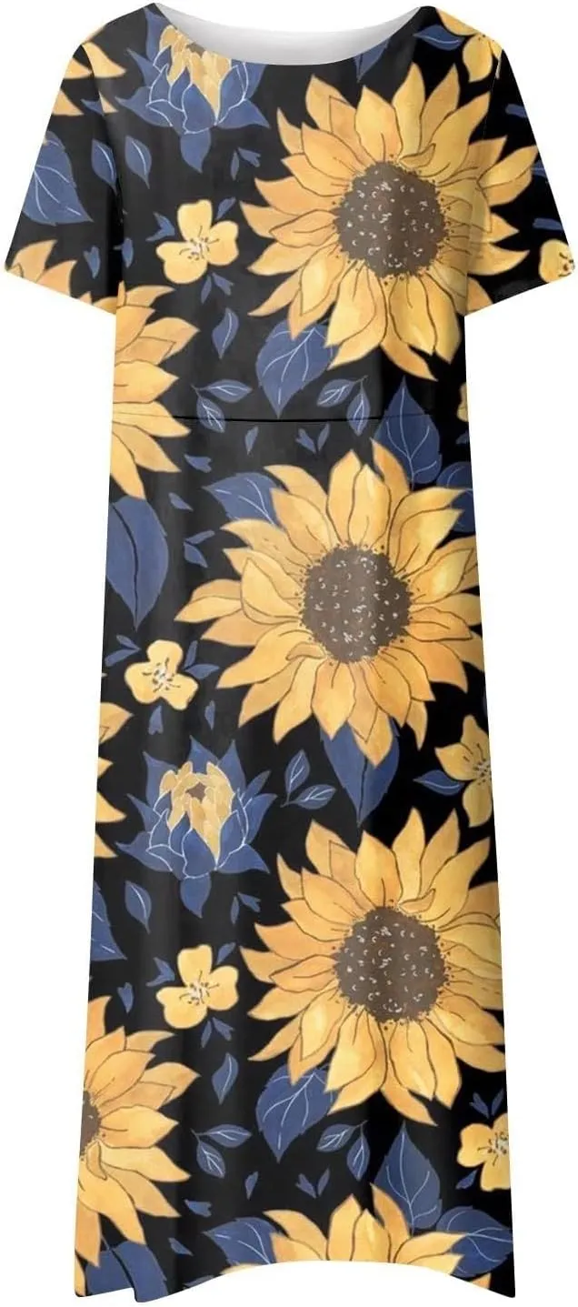 PTOLOCIF Maxi Dresses for Women,Summer Trendy Floral Printed Sundress,Casual Loose Crewneck Short Sleeve Midi Dress w/Pocket