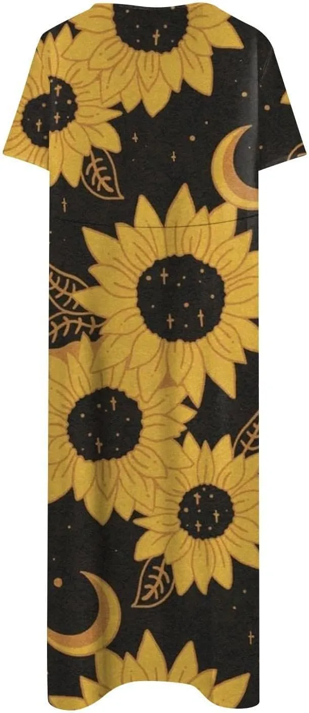 PTOLOCIF Maxi Dresses for Women,Summer Trendy Floral Printed Sundress,Casual Loose Crewneck Short Sleeve Midi Dress w/Pocket