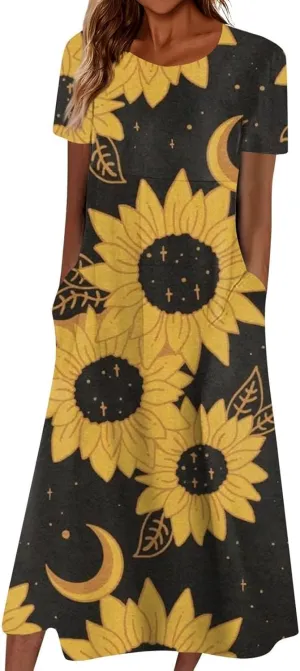 PTOLOCIF Maxi Dresses for Women,Summer Trendy Floral Printed Sundress,Casual Loose Crewneck Short Sleeve Midi Dress w/Pocket