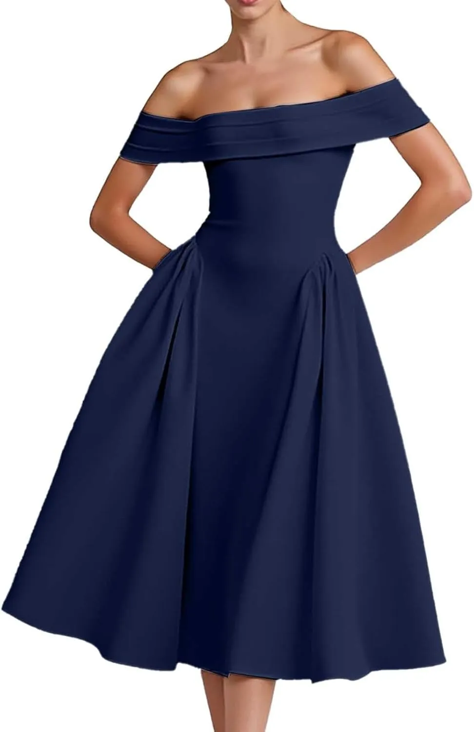 Satin Off The Shoulder Formal Midi Dress for Women A Line Ruched Tea Length Prom Party Womens Midi Casual Dresses