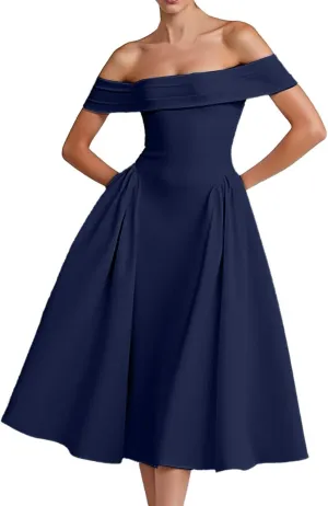 Satin Off The Shoulder Formal Midi Dress for Women A Line Ruched Tea Length Prom Party Womens Midi Casual Dresses