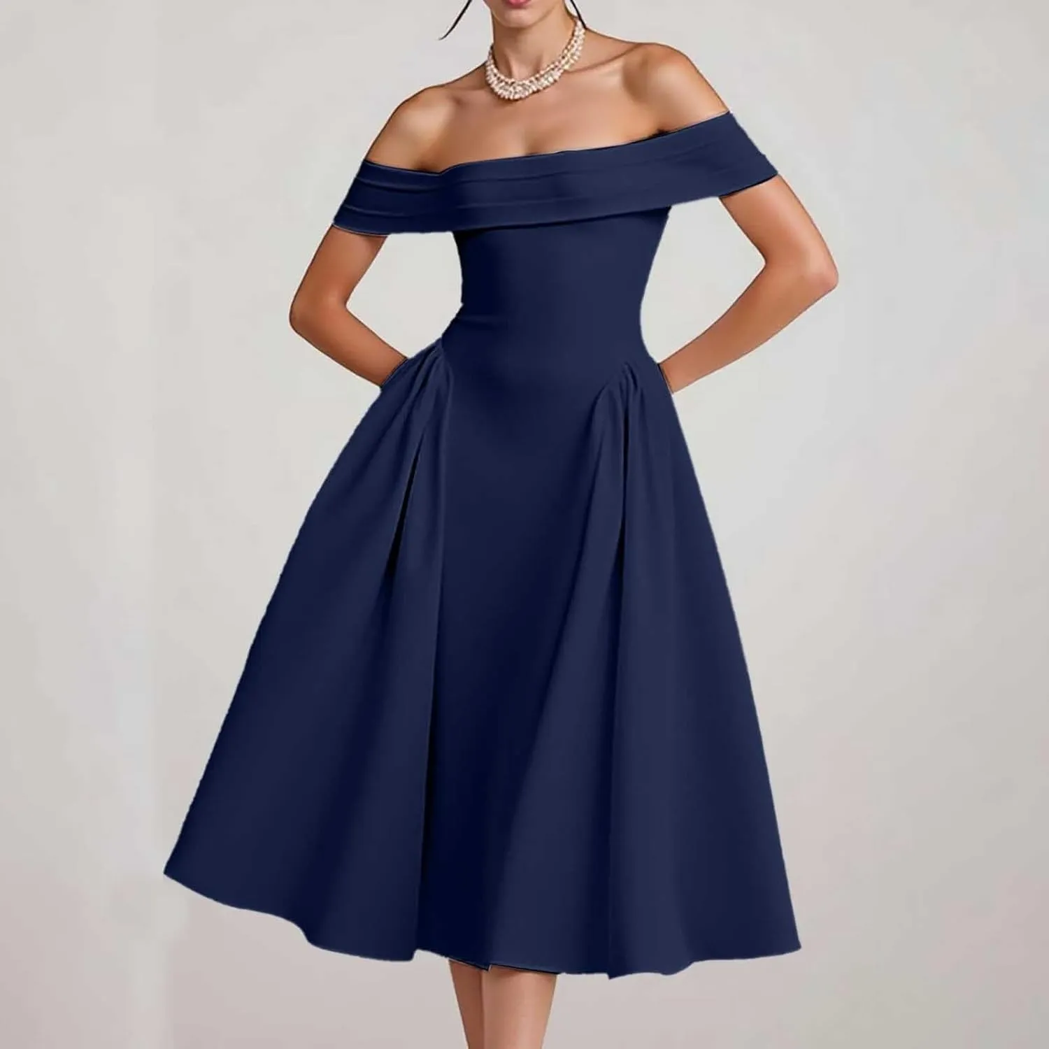 Satin Off The Shoulder Formal Midi Dress for Women A Line Ruched Tea Length Prom Party Womens Midi Casual Dresses