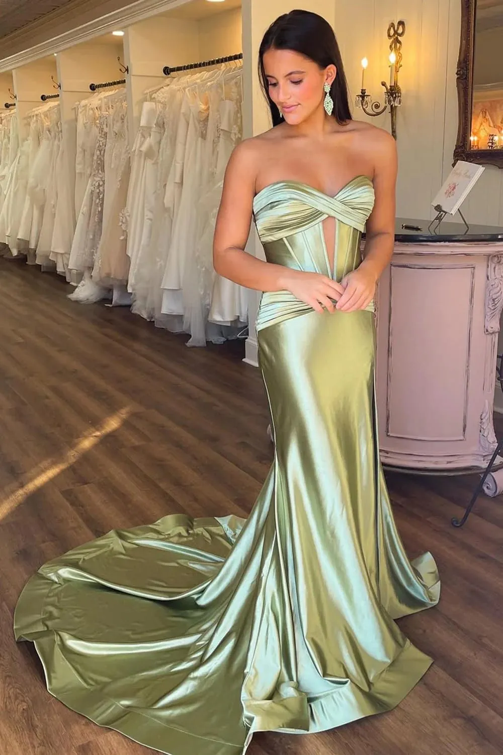 Satin Prom Dresses Formal Dress for Women Long with Slit Mermaid Strapless Cutout Maxi Evening Gowns