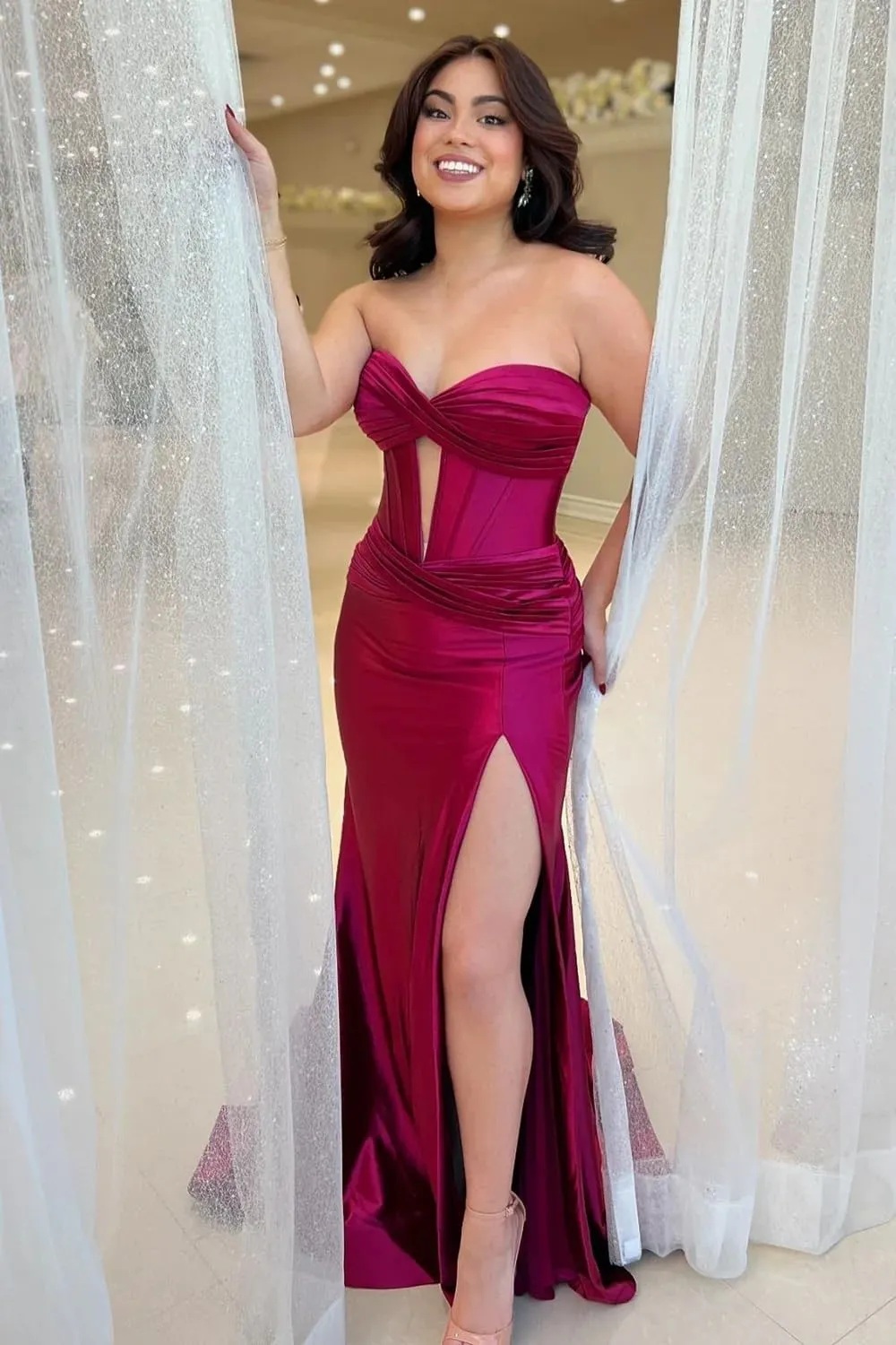 Satin Prom Dresses Formal Dress for Women Long with Slit Mermaid Strapless Cutout Maxi Evening Gowns