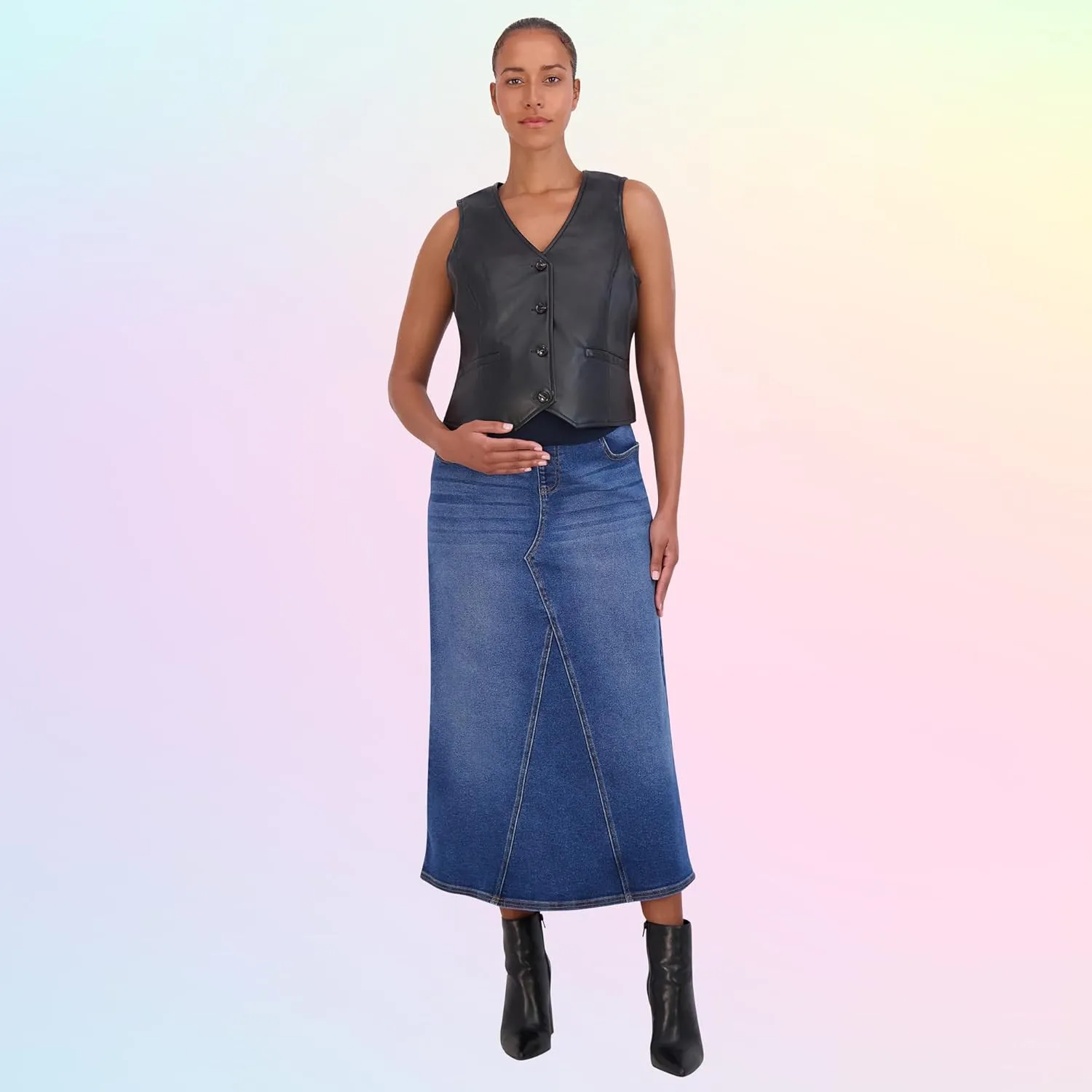 Savi Parker Denim Maternity Maxi Skirt with Pockets  A Line Maternity Jeans Over The Belly Long Pregnancy Denim Skirt