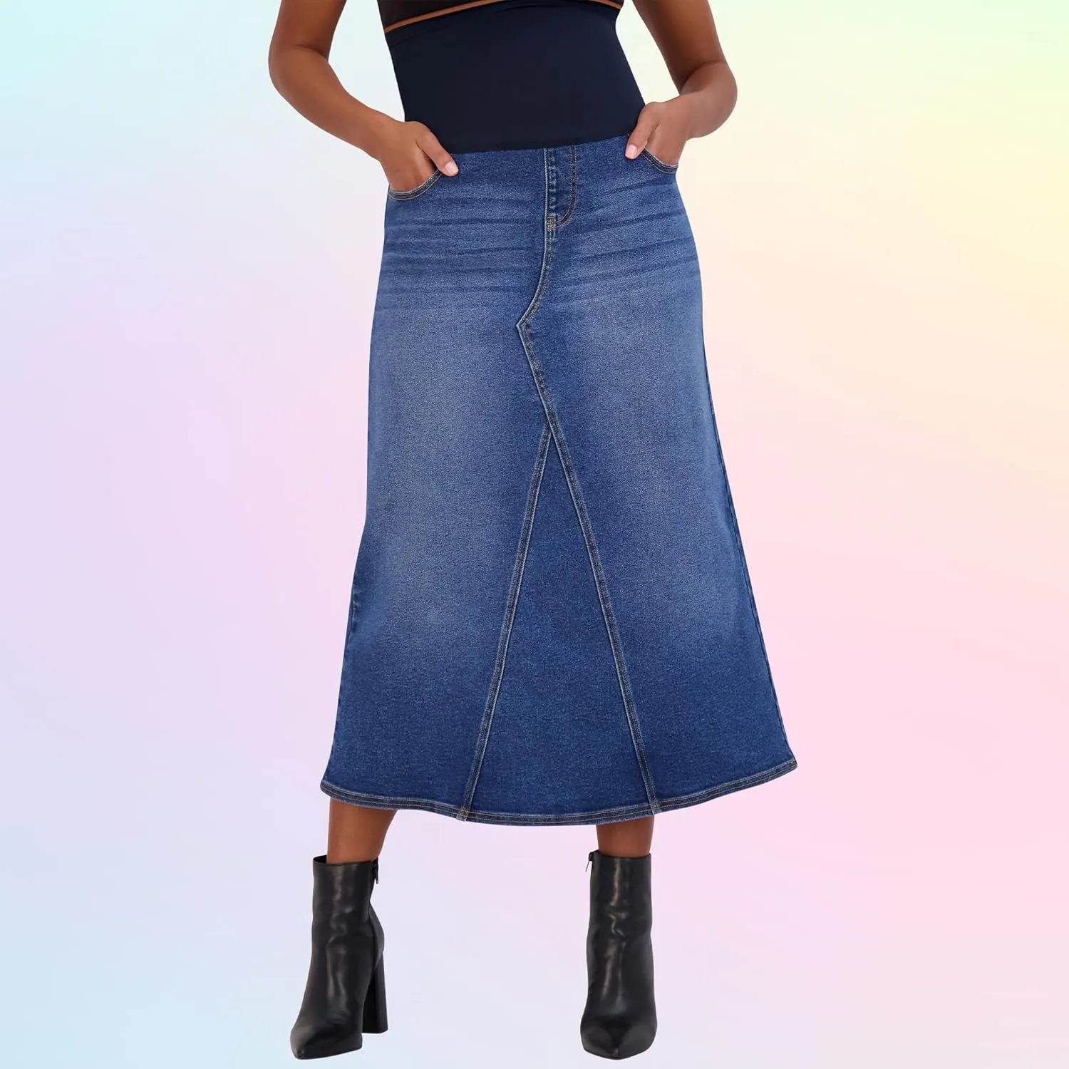 Savi Parker Denim Maternity Maxi Skirt with Pockets  A Line Maternity Jeans Over The Belly Long Pregnancy Denim Skirt