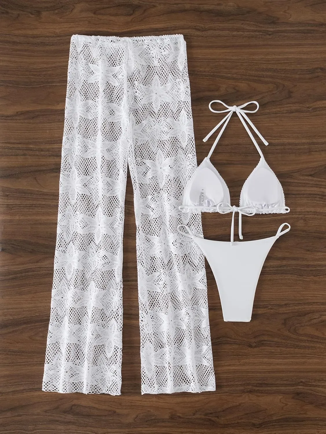SherryDC Women's 3 Pieces Swimsuit Fishnet Self Tie Triangle Bikini Set Bathing Suit with Mesh Cover Up Pants