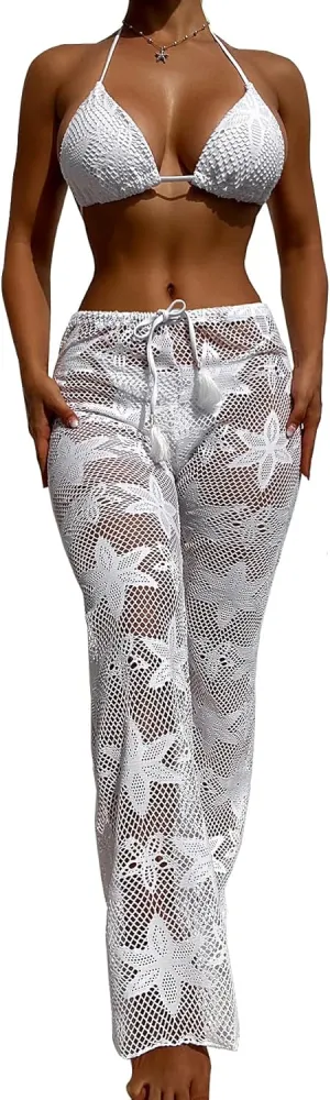 SherryDC Women's 3 Pieces Swimsuit Fishnet Self Tie Triangle Bikini Set Bathing Suit with Mesh Cover Up Pants