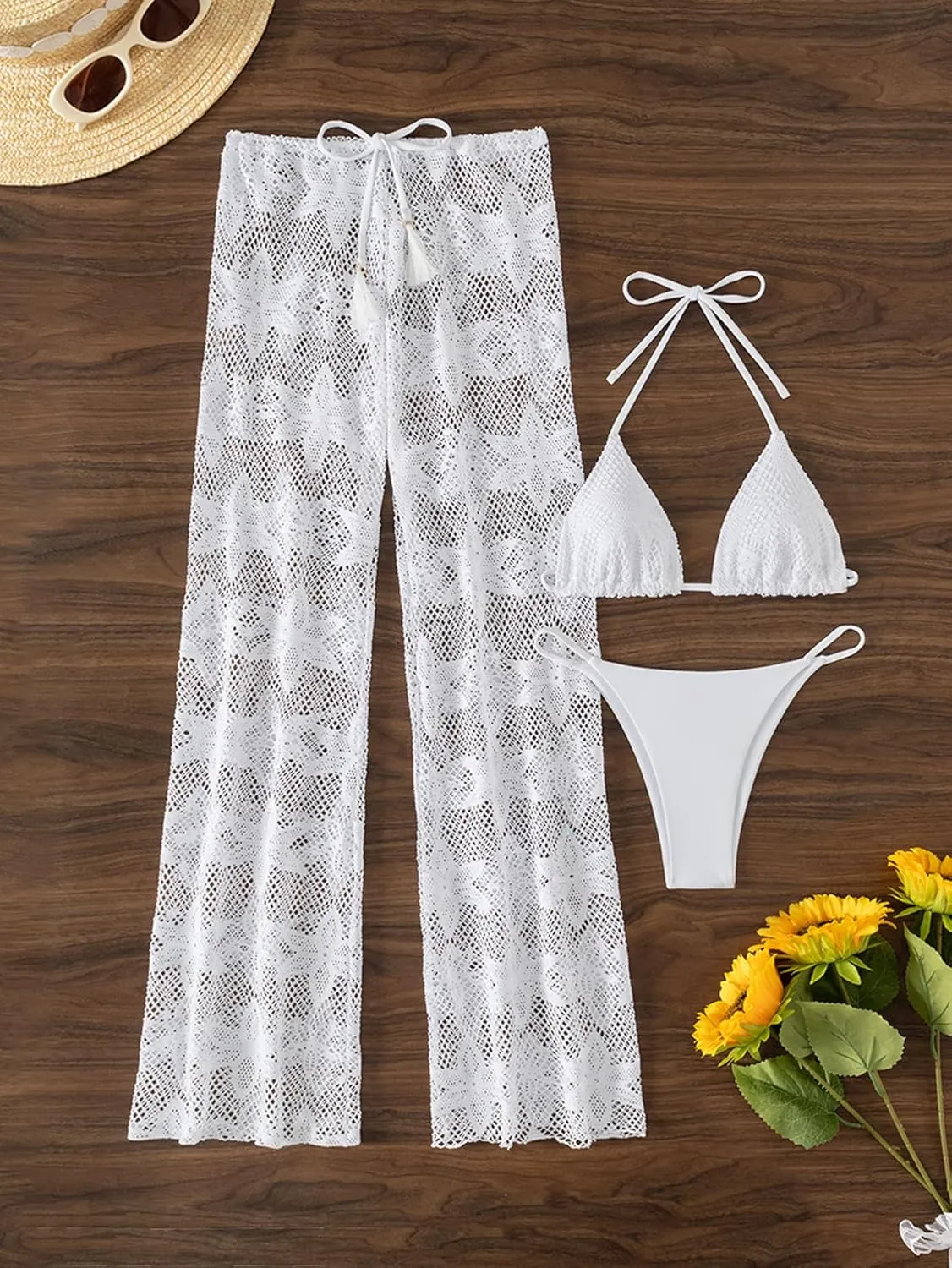 SherryDC Women's 3 Pieces Swimsuit Fishnet Self Tie Triangle Bikini Set Bathing Suit with Mesh Cover Up Pants