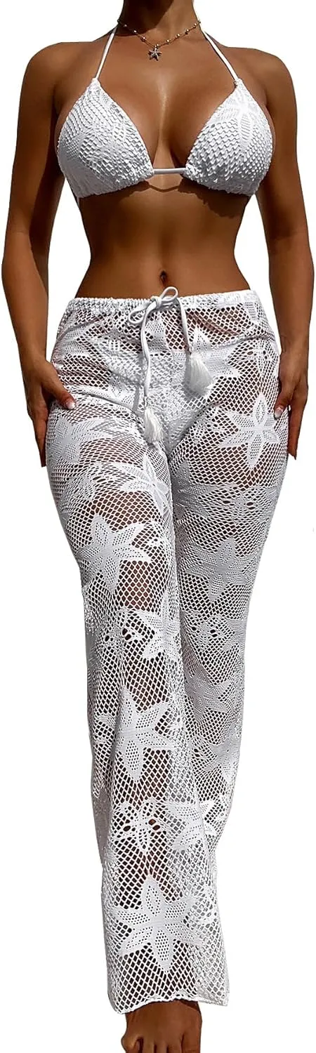SherryDC Women's 3 Pieces Swimsuit Fishnet Self Tie Triangle Bikini Set Bathing Suit with Mesh Cover Up Pants