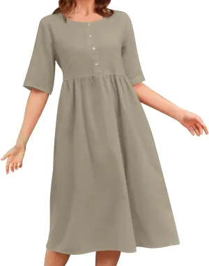 Sinzelimin Linen Dresses for Womens Plus Size Short Sleeves Button up Crewneck Midi Dress Solid Color Cotton Linen Sundress
