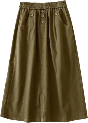 Skirts for Women 2024 Fall Casual Loose High Waisted Mid Length Skirt Baggy Pleated Button Midi Skirt with Pockets