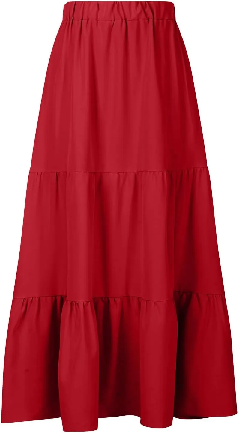 Skirts for Women 2024 Plus Size Elastic Waist Pleated Tiered Ruffle Swing Skirts Summer Causal Solid Maxi Skirts