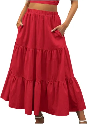 Skirts for Women 2024 Plus Size Elastic Waist Pleated Tiered Ruffle Swing Skirts Summer Causal Solid Maxi Skirts