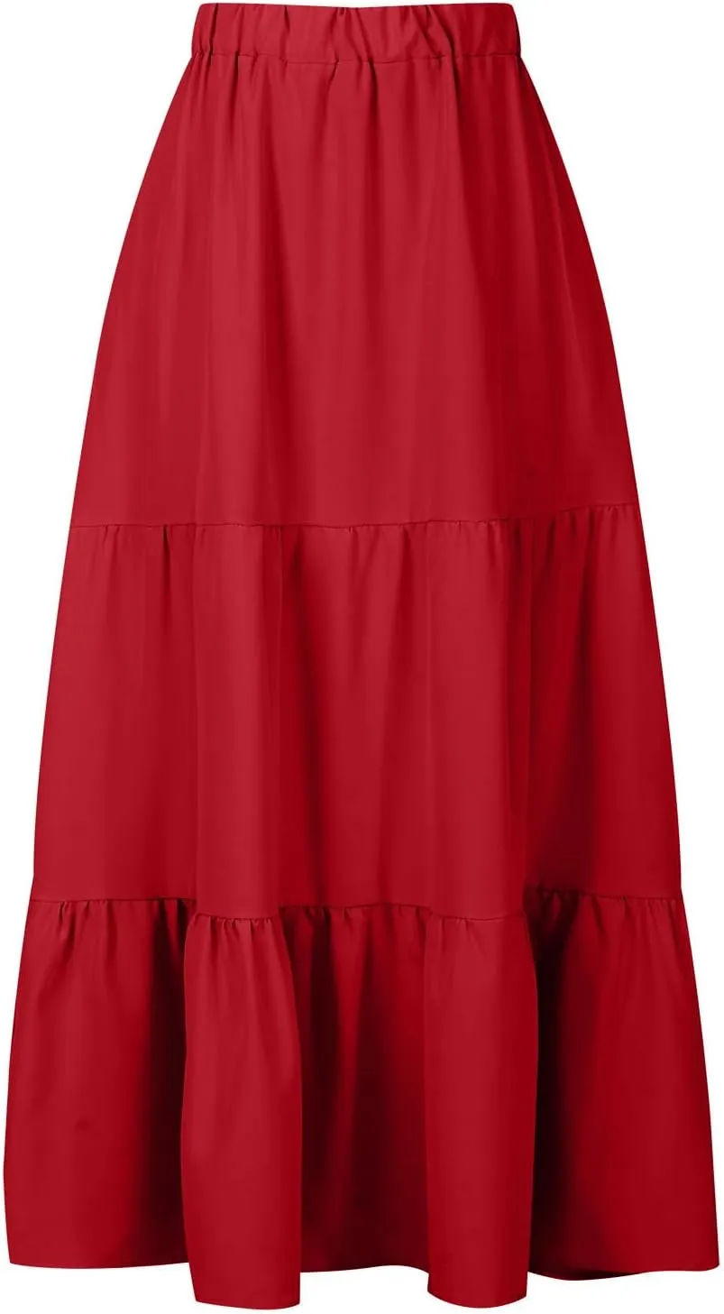 Skirts for Women 2024 Plus Size Elastic Waist Pleated Tiered Ruffle Swing Skirts Summer Causal Solid Maxi Skirts