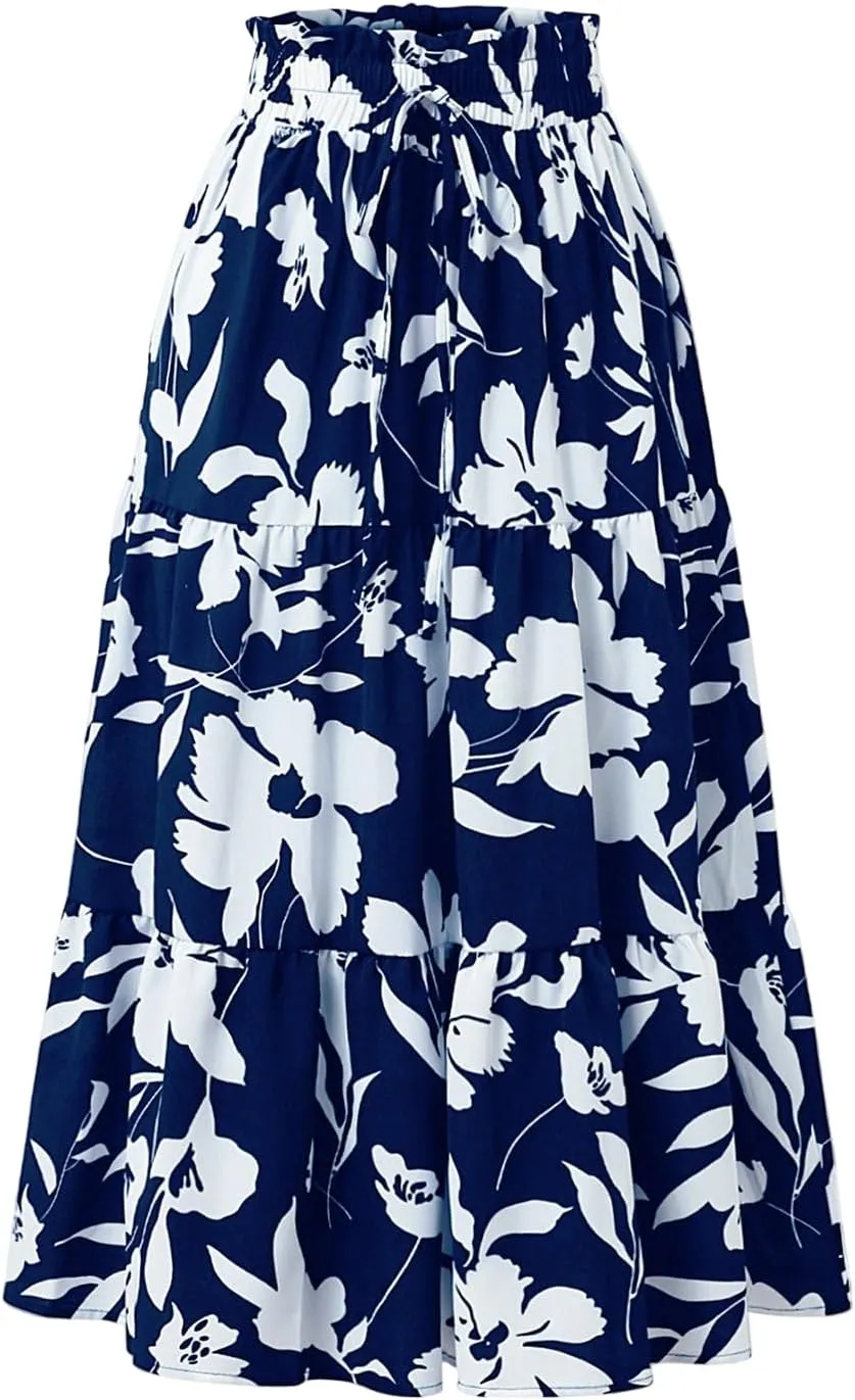 Skirts for Women Summer Drawstring High Waist Midi Skirt Loose Aline Solid Color Tiered Ruffle Knee Length Skirt