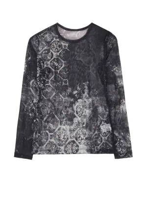 SOFT TULLE PRINT TILE PATTERN CREW NECK T-SHIRT