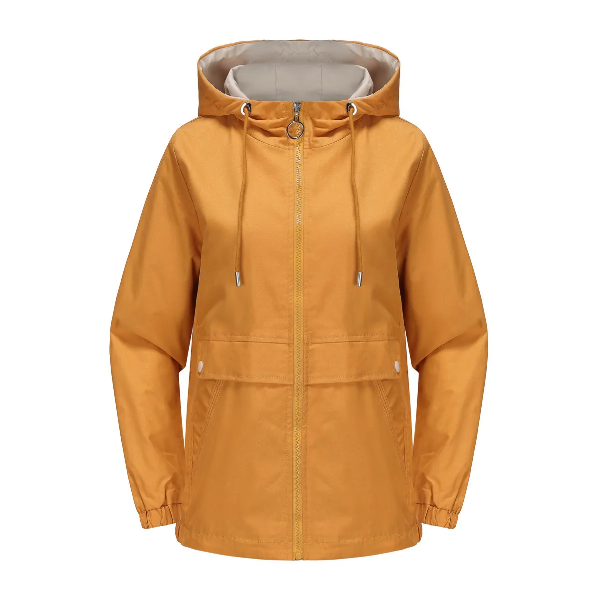 Solid Color Zipped Hooded Trench Coat