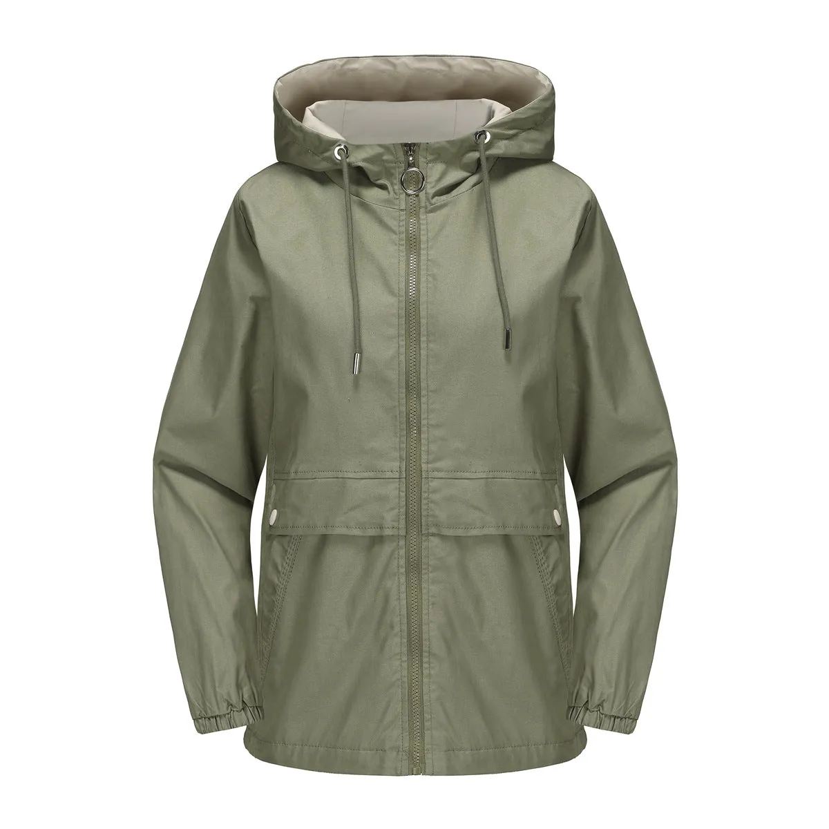 Solid Color Zipped Hooded Trench Coat