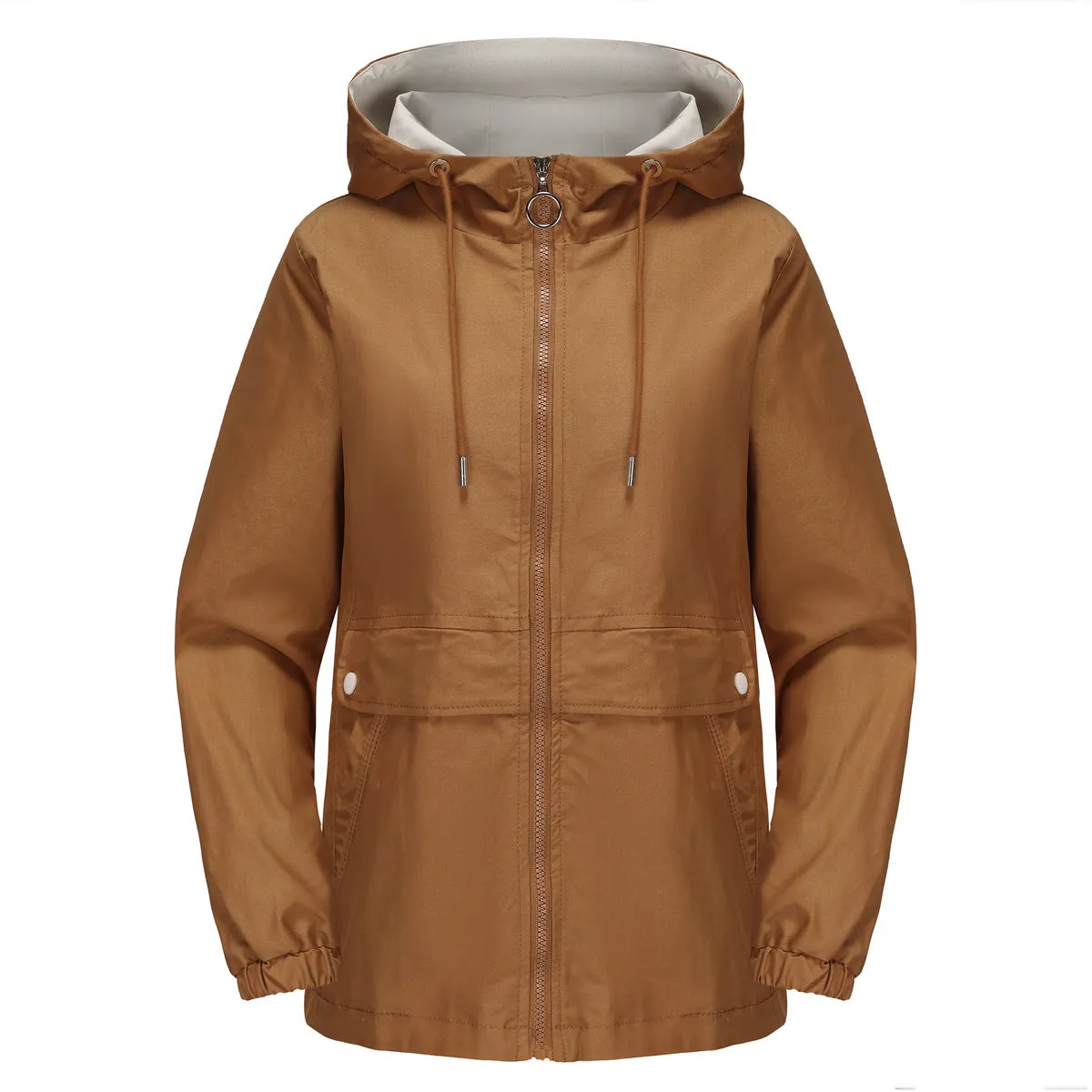 Solid Color Zipped Hooded Trench Coat