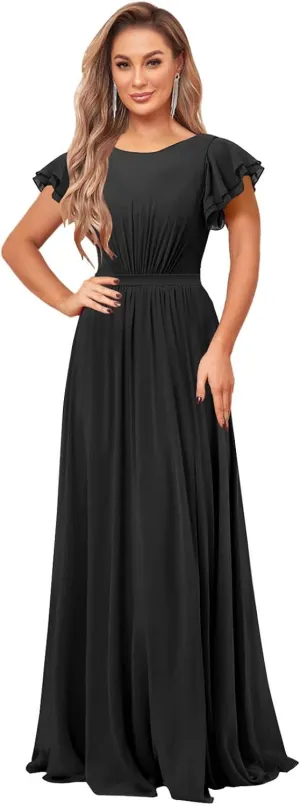 SOLODISH Chiffon Modest Bridesmaid Dresses with Sleeves A Line Crew Neck Formal Evening Party Gown