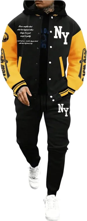 SOLY HUX Men's Tracksuit 2 Piece Outfits Color Block Letter Graphic Long Sleeve Varsity Jacket and Pants Set