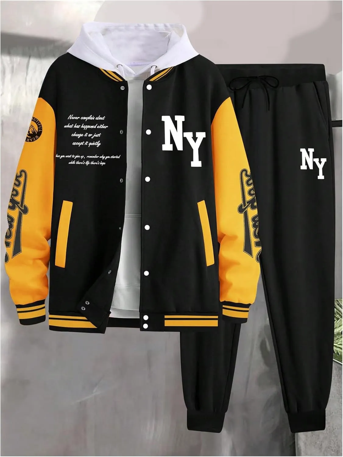 SOLY HUX Men's Tracksuit 2 Piece Outfits Color Block Letter Graphic Long Sleeve Varsity Jacket and Pants Set