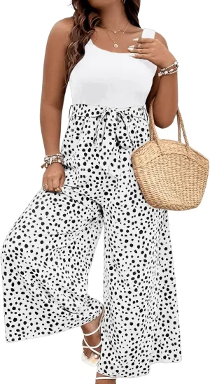 SOLY HUX Women's Plus Size Print Belted Jumpsuits Casual Summer Sleeveless Square Neck Wide Leg Tank Romper Long Pants