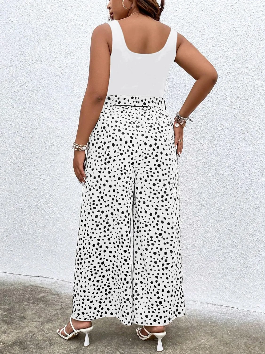 SOLY HUX Women's Plus Size Print Belted Jumpsuits Casual Summer Sleeveless Square Neck Wide Leg Tank Romper Long Pants