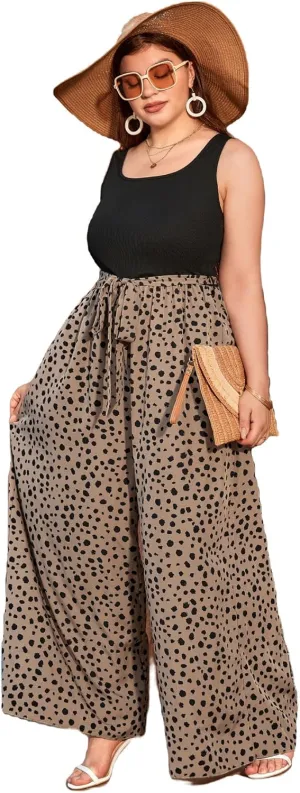 SOLY HUX Women's Plus Size Print Belted Jumpsuits Casual Summer Sleeveless Square Neck Wide Leg Tank Romper Long Pants