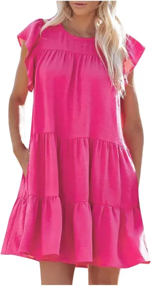 Spring Dresses for Women 2025 Summer Pleated Vacation Dresses Casual Crew Neck Short Sleeve Plus Size Midi Dresses
