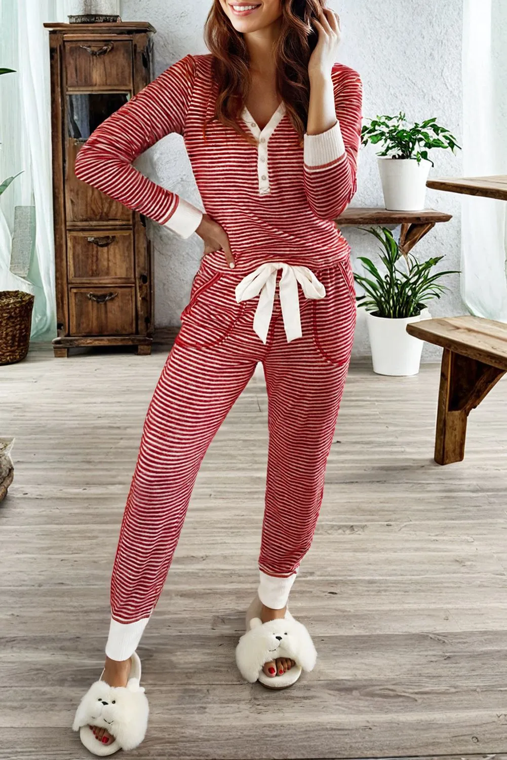 Stripe Buttoned V Neck Top Knotted Waist Pants Lounge Set
