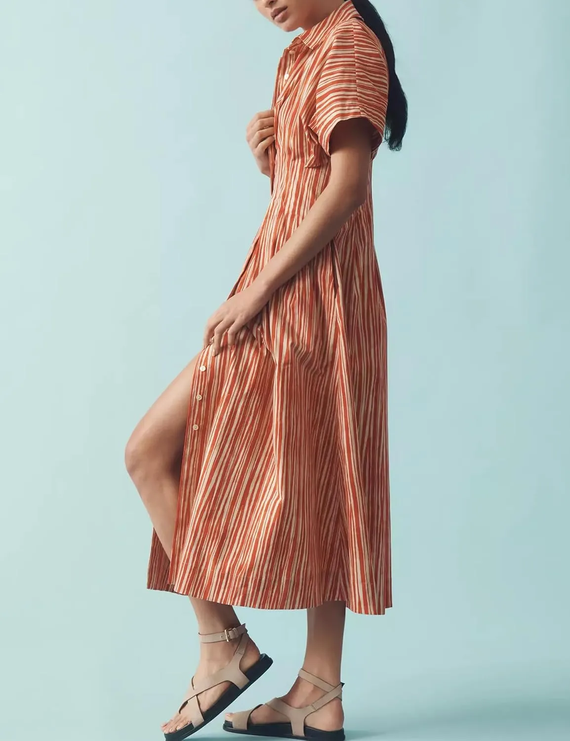 Striped Button Pleated Shirt Maxi Dress for Women Summer Short Sleeve Collar V Neck Corset Long Dress