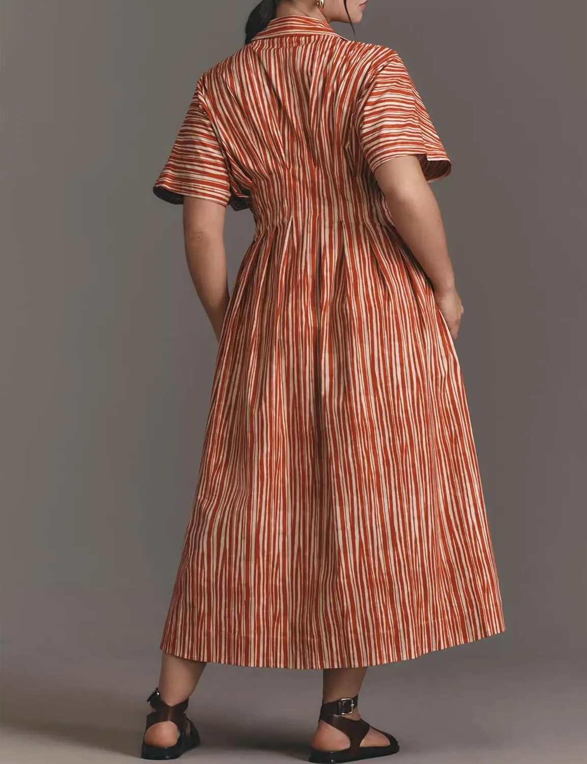 Striped Button Pleated Shirt Maxi Dress for Women Summer Short Sleeve Collar V Neck Corset Long Dress