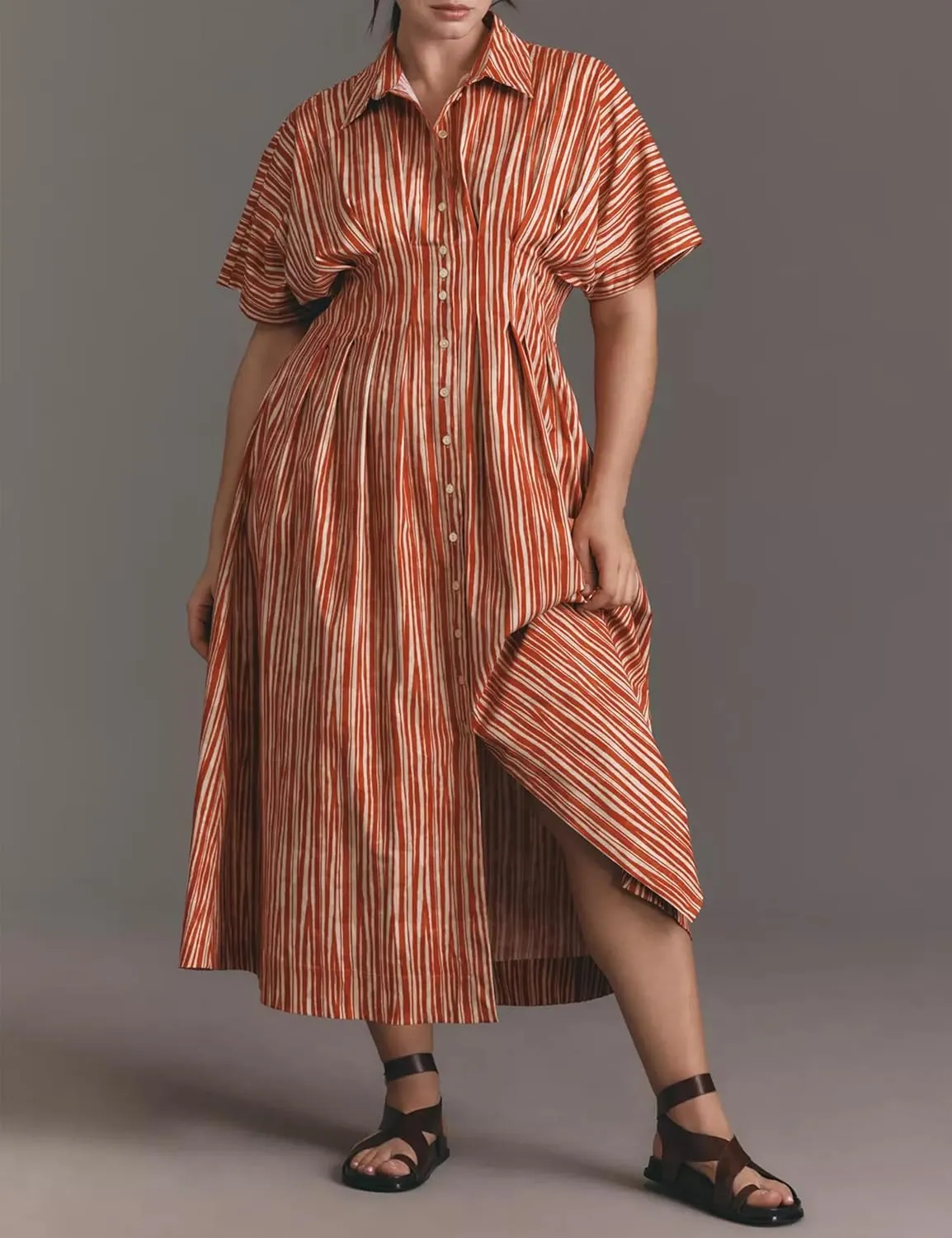 Striped Button Pleated Shirt Maxi Dress for Women Summer Short Sleeve Collar V Neck Corset Long Dress