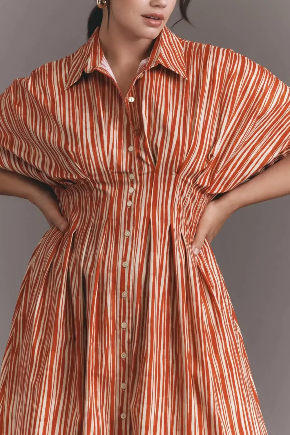 Striped Button Pleated Shirt Maxi Dress for Women Summer Short Sleeve Collar V Neck Corset Long Dress