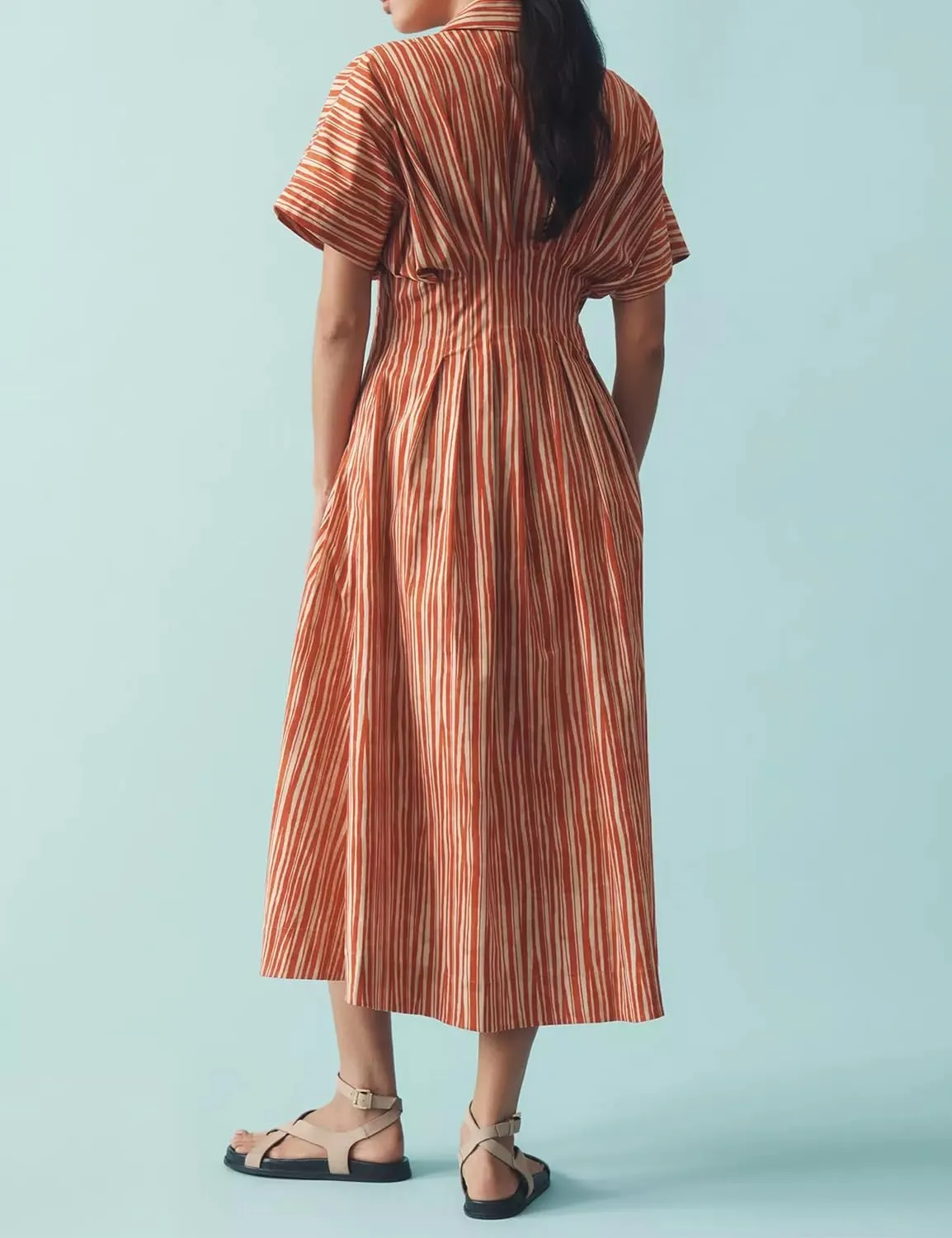 Striped Button Pleated Shirt Maxi Dress for Women Summer Short Sleeve Collar V Neck Corset Long Dress