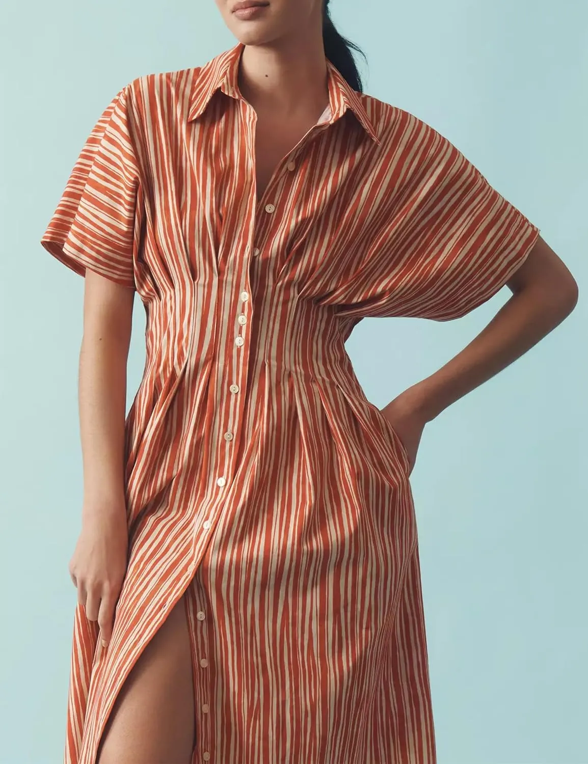 Striped Button Pleated Shirt Maxi Dress for Women Summer Short Sleeve Collar V Neck Corset Long Dress