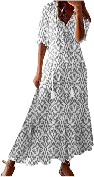 Summer Dresses for Women 2025 Half Sleeve V Neck Maxi Dress Boho Flowy Beach Vacation Sundress Casual Bohomian Dresses