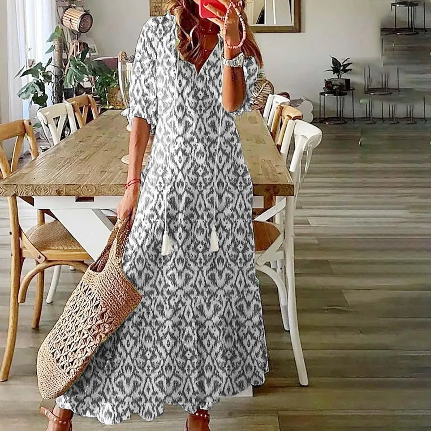 Summer Dresses for Women 2025 Half Sleeve V Neck Maxi Dress Boho Flowy Beach Vacation Sundress Casual Bohomian Dresses