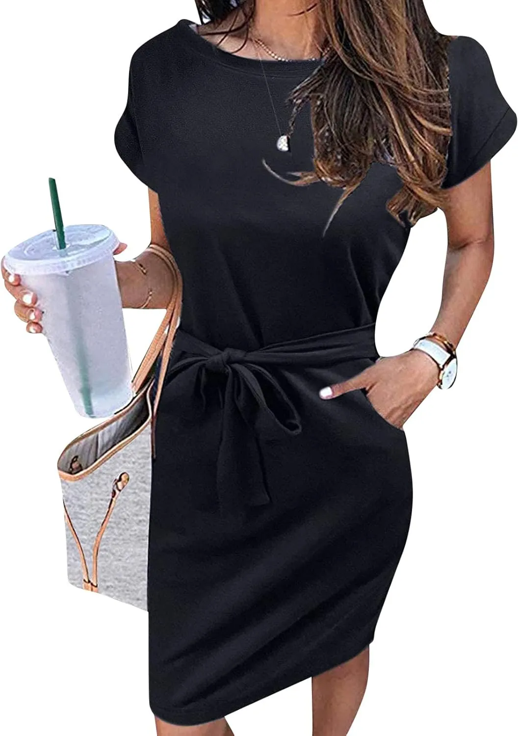 Summer Dresses for Women 2025 Trendy Casual Short Sleeve Tie Waisted Petite Sundress Party Vacation Resort Beach Wear