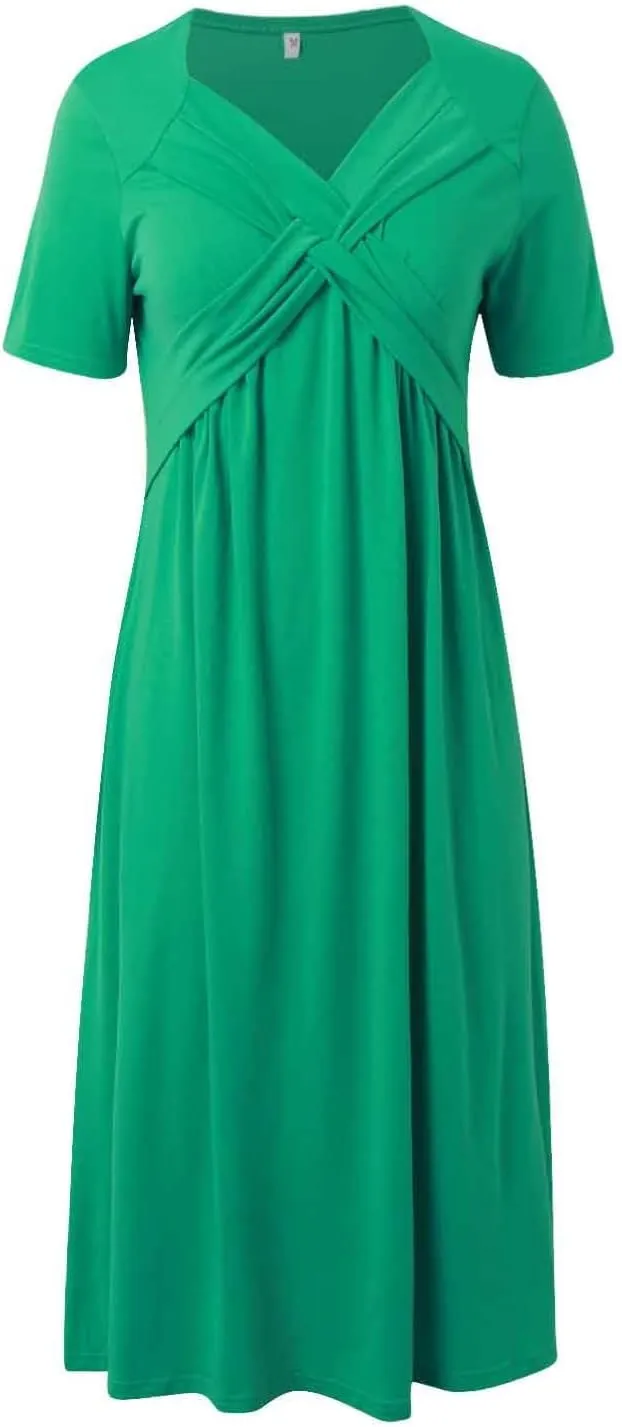 Summer Dresses for Women 2025 Vacation V Neck Short Sleeve Criss Cross Wrap Maxi Dress Flowy Beach Sundress with Pockets