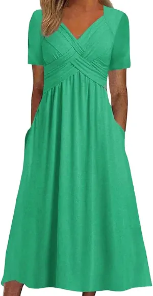 Summer Dresses for Women 2025 Vacation V Neck Short Sleeve Criss Cross Wrap Maxi Dress Flowy Beach Sundress with Pockets